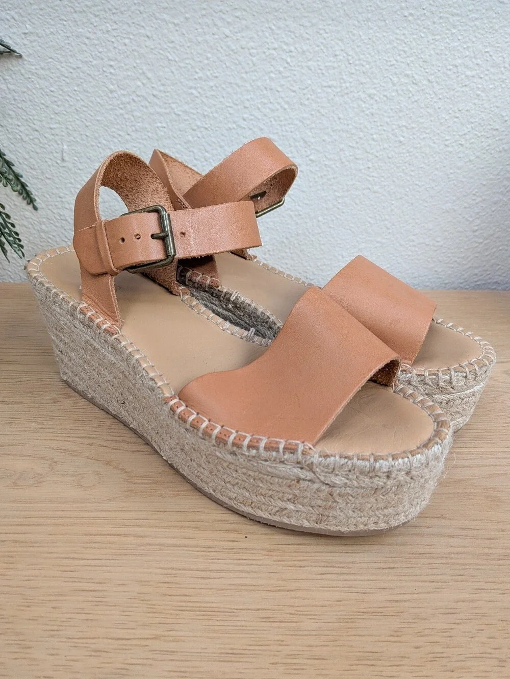 Soludos Minorca Brown Leather Platform Woven Espadrille Sandals Size 9